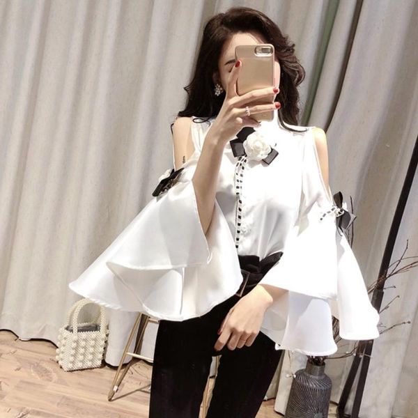 women's blouses & shirts 2021 summer big flare sleeve shirt 3d flower bows vintage women blouse fashion elegant chiffon, White
women's blouses & shirts 2021 summer big flare sleeve shirt 3d flower bows vintage women blouse fashion elegant chiffon, White