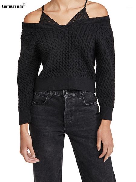 leaky shoulder neck splicing tube sling knitted sweater pullover fake two-piece set ladies autumn fashion all-match women's, White;black 
leaky shoulder neck splicing tube sling knitted sweater pullover fake two-piece set ladies autumn fashion all-match women's, White;black