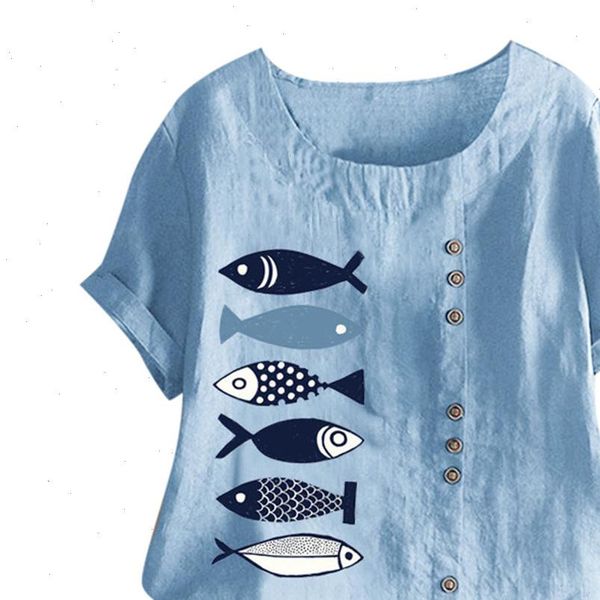 women casual plus size o neck fish printed loose button tunic shirt blouse camisas mujer 2021 chemise femme, White 
women casual plus size o neck fish printed loose button tunic shirt blouse camisas mujer 2021 chemise femme, White