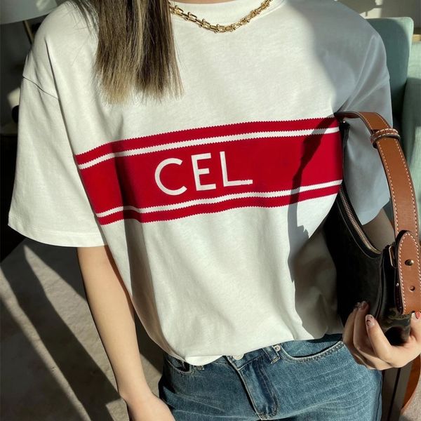 21 spring summer new ce color matching red stripe letter printing fashion women's short sleeve t-shirt round neck simple and loose, White
21 spring summer new ce color matching red stripe letter printing fashion women's short sleeve t-shirt round neck simple and loose, White