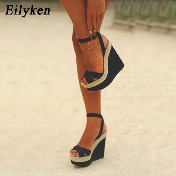 

eilyken fashion women summer sandals shoes buckle strap leisure platform wedges sandals wedges high heels 15cm shoes 210306, Black