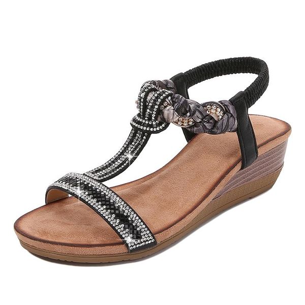 sandals 2021 bohemian style with t-diamond slope big yards, Black 
sandals 2021 bohemian style with t-diamond slope big yards, Black