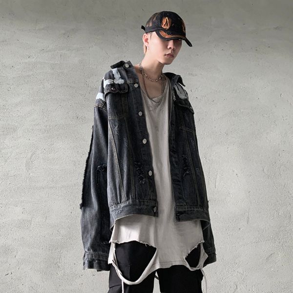 new harajuku letter frayed spliced denim coat mens lapel retro oversize windbreaker jeans hip baggy jacket 97v0, Black;brown
new harajuku letter frayed spliced denim coat mens lapel retro oversize windbreaker jeans hip baggy jacket 97v0, Black;brown