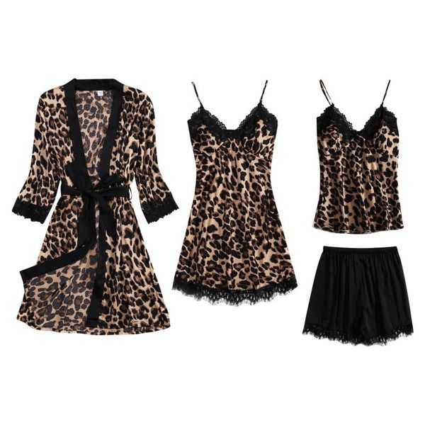 women's sleepwear 4piece set womens leopard robe bath gown strap kimono pajamas sets lady home wear nightgown suit sleepshirts s-xxl, Black;red 
women's sleepwear 4piece set womens leopard robe bath gown strap kimono pajamas sets lady home wear nightgown suit sleepshirts s-xxl, Black;red