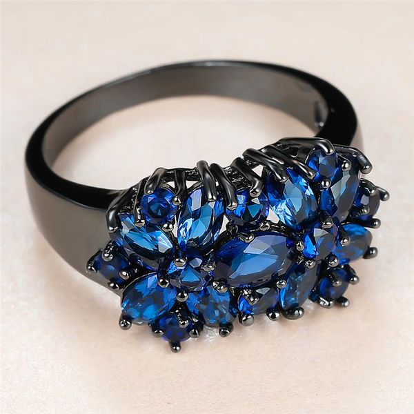 wedding rings cute female blue crystal stone ring charm 14kt black gold for women luxury small oval zircon engagement, Slivery;golden