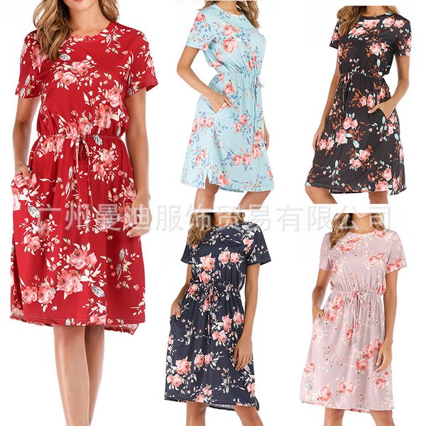 summer drawstring waist element printed short sleeve dress knee-length skirt spot, White;black
summer drawstring waist element printed short sleeve dress knee-length skirt spot, White;black