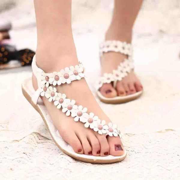 sandals bohemian flip flops flower flat shoes beaded ethnic beach, Black
