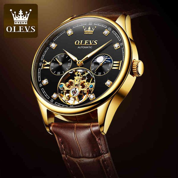 men brand olev's automatic mechanical watches waterproof leather band hollow moon phase luxury sports 3601, Slivery;brown
men brand olev's automatic mechanical watches waterproof leather band hollow moon phase luxury sports 3601, Slivery;brown