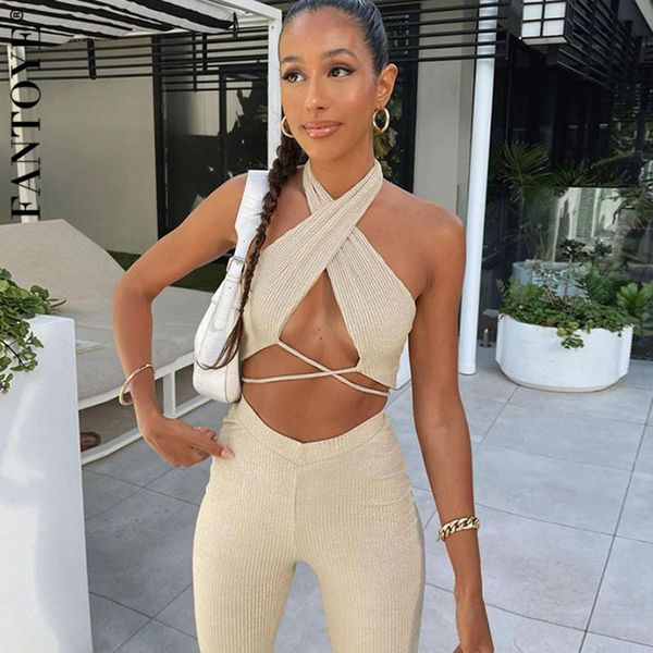 2021 new solid knitted 2 piece sets womens outfits halter neck bandage crop and long slim pant suit casual fit tracksuit he1w, Black;brown 
2021 new solid knitted 2 piece sets womens outfits halter neck bandage crop and long slim pant suit casual fit tracksuit he1w, Black;brown