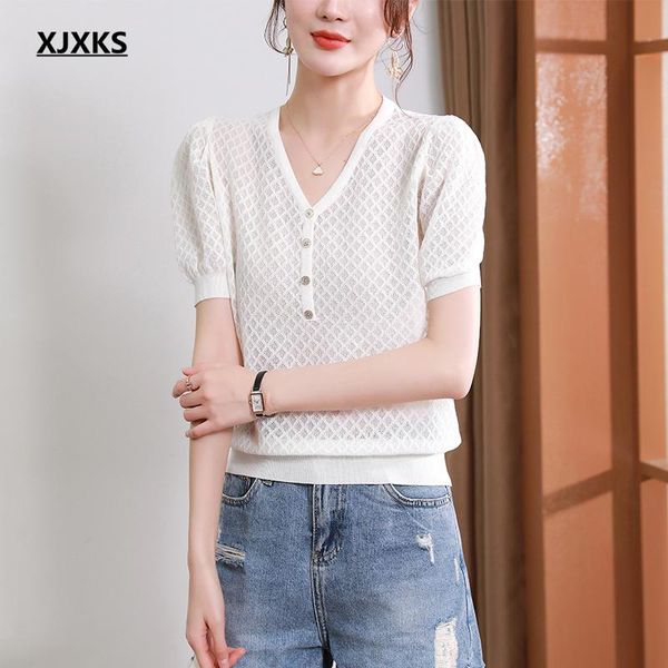 women's t-shirt xjxks fashion v-neck women hollow 2021 summer comfortable short sleeve top, White
women's t-shirt xjxks fashion v-neck women hollow 2021 summer comfortable short sleeve top, White
