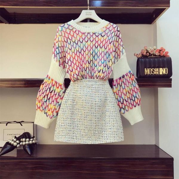 two piece dress 2 set women rainbow diamond pattern pullover autumn winter loose sweater tweed mini skirt outfit matching a010, White
two piece dress 2 set women rainbow diamond pattern pullover autumn winter loose sweater tweed mini skirt outfit matching a010, White