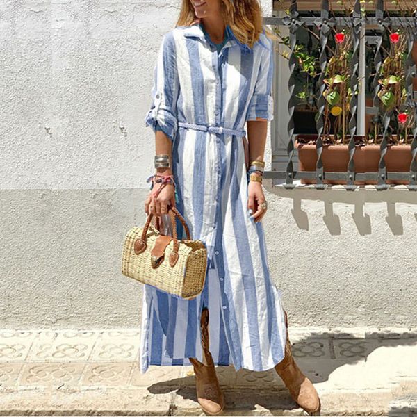 new women dress vintage striped print button long sleeve striped shirt maxi dress female casual beach sundress vestidos, Black;gray
new women dress vintage striped print button long sleeve striped shirt maxi dress female casual beach sundress vestidos, Black;gray