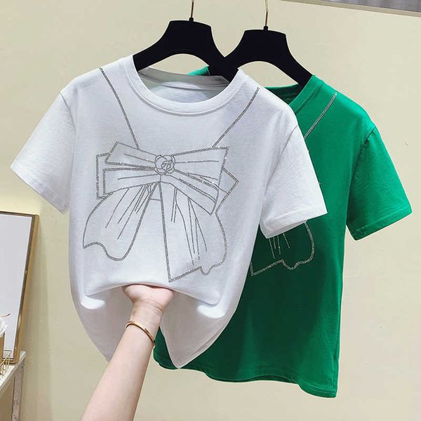 short-sleeved loose cotton white t-shirt women diamond summer wild design niche 210706
short-sleeved loose cotton white t-shirt women diamond summer wild design niche 210706