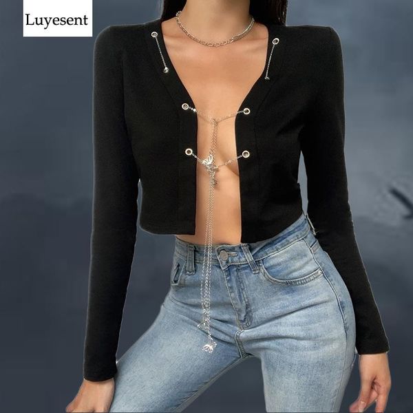 women's blouses & shirts black women short blouse 2021 lady open stitch eyelet metal chains v neck goth long sleeve summer punk cool to, White
women's blouses & shirts black women short blouse 2021 lady open stitch eyelet metal chains v neck goth long sleeve summer punk cool to, White