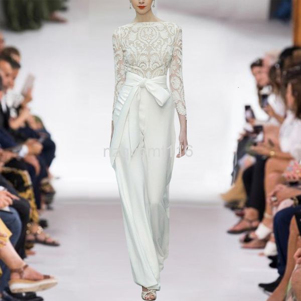 two piece dress catwalk autumn women's wear round neck long sleeve embroidered + high waist lace up trousers set, White
two piece dress catwalk autumn women's wear round neck long sleeve embroidered + high waist lace up trousers set, White