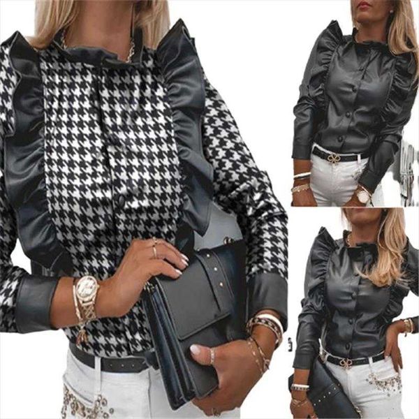 fashion ruffle pu leather houndstooth women blouses spring slim long sleeve office lady casual button plus size blusa, White
fashion ruffle pu leather houndstooth women blouses spring slim long sleeve office lady casual button plus size blusa, White