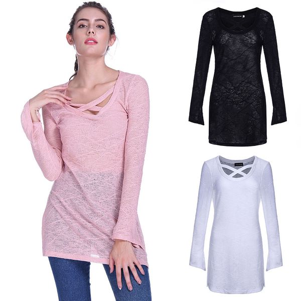 women fashion solid color criss-cross long sweaters fall casual thin see-through flare sleeve side split pullover top, White;black
women fashion solid color criss-cross long sweaters fall casual thin see-through flare sleeve side split pullover top, White;black