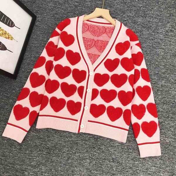 sweater knit autumn / winter 2021 women's wear v-neck long sleeve contrast stripe heart embroidery loose temperament ted cardigan thick, White;black