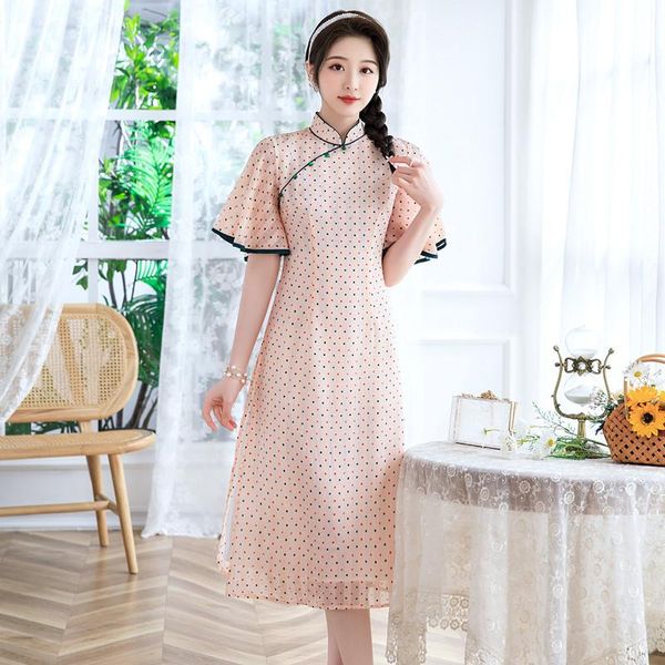 ethnic clothing summer style trumpet sleeve chinese traditional women's retro chiffon tencel printing wave dot 2021 improved cheongsam, Red
ethnic clothing summer style trumpet sleeve chinese traditional women's retro chiffon tencel printing wave dot 2021 improved cheongsam, Red