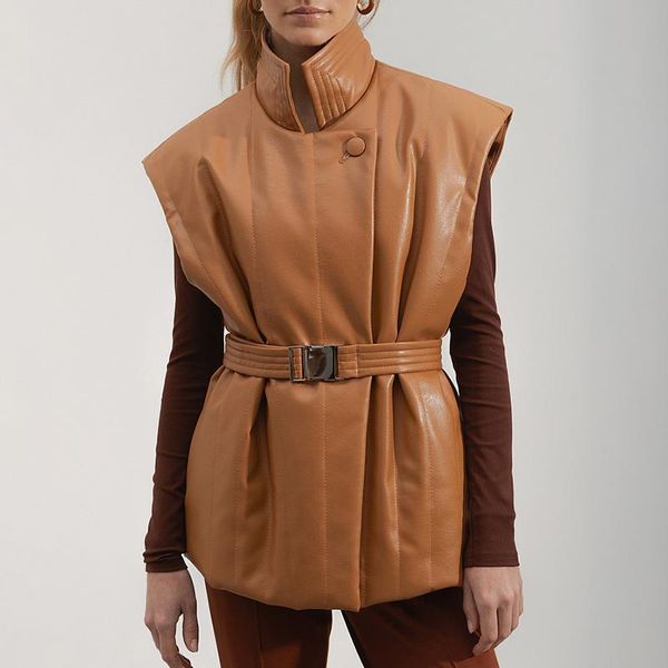 women's vests agong stand collar pu leather women fashion tie belt solid coats elegant winter casual button female ladies, Black;white
women's vests agong stand collar pu leather women fashion tie belt solid coats elegant winter casual button female ladies, Black;white