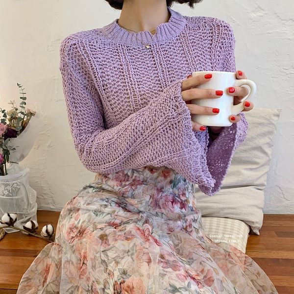 2021 new girl's hollow korean-style purple bell-sleeve knitted hole mesh sweater shmf, White;black
2021 new girl's hollow korean-style purple bell-sleeve knitted hole mesh sweater shmf, White;black