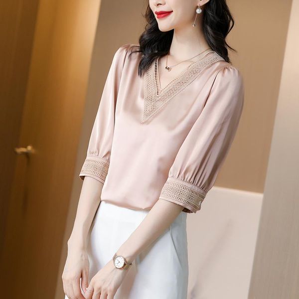 women's blouses & shirts 2021 fashion fall satin shirt v-neck solid silk five-point sleeve women blouse elegant basic ladies top, White
women's blouses & shirts 2021 fashion fall satin shirt v-neck solid silk five-point sleeve women blouse elegant basic ladies top, White