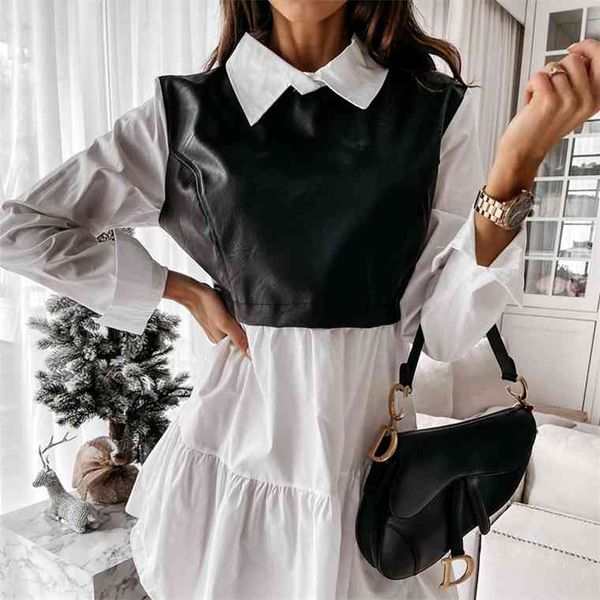 women faux leather patchwork white shirt 2021 spring casual long sleeve plaid chic dress lady mini a line office vestidos, Black;gray
women faux leather patchwork white shirt 2021 spring casual long sleeve plaid chic dress lady mini a line office vestidos, Black;gray