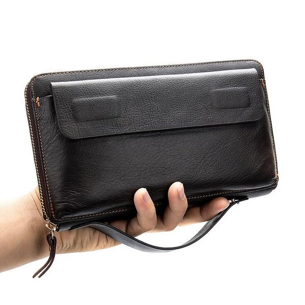 

High quality Men's wallet cowhide leather long zipper clutch bag genuine leathers multi-card position youth trendy wallets purse 9825, Black