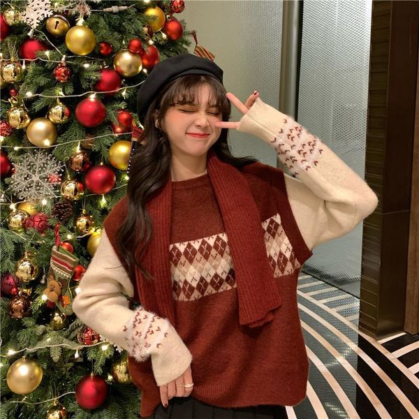 women's knits & tees christmas style rhombus assorted colors false-two-piece round neck autumn and winter pullover student knitted stri, White
women's knits & tees christmas style rhombus assorted colors false-two-piece round neck autumn and winter pullover student knitted stri, White