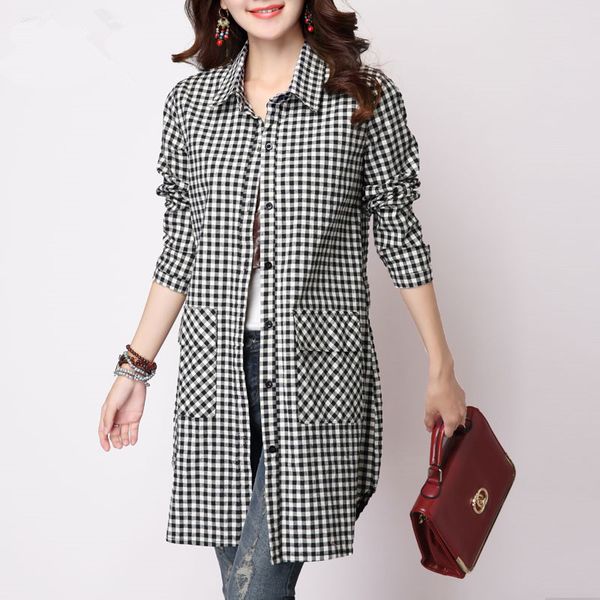 mode cotton linen woman's blouse with pocket chess 2021 casual loose sleeve long elegant big h224 gib2, White;black