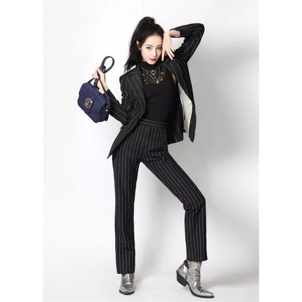women's two piece pants 2021 spring autumn black stripe suit coat korean small long sleeve slim one button fashion tie ps1, White
women's two piece pants 2021 spring autumn black stripe suit coat korean small long sleeve slim one button fashion tie ps1, White