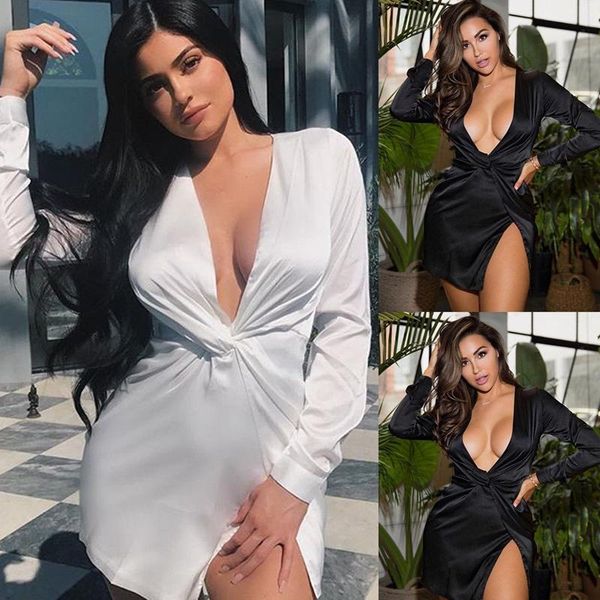 casual dresses women dress solid color long sleeve deep v neck satin mini ladies short knot wrap split party vestido, Black;gray
casual dresses women dress solid color long sleeve deep v neck satin mini ladies short knot wrap split party vestido, Black;gray
