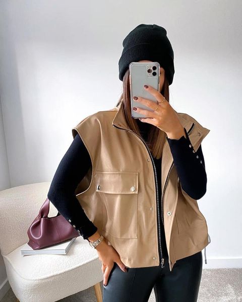 women's jackets pockets women button zipper fashion coat bandage autumn winter outwear ladies 2021 sleeveless pu leather jacket, Black;brown
women's jackets pockets women button zipper fashion coat bandage autumn winter outwear ladies 2021 sleeveless pu leather jacket, Black;brown