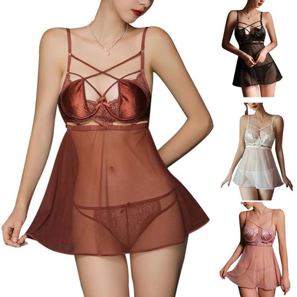 women spaghetti strap sheer mesh mini lingerie dress with lace panties set hollow out backless nightgown sleepwear, Red;black
women spaghetti strap sheer mesh mini lingerie dress with lace panties set hollow out backless nightgown sleepwear, Red;black