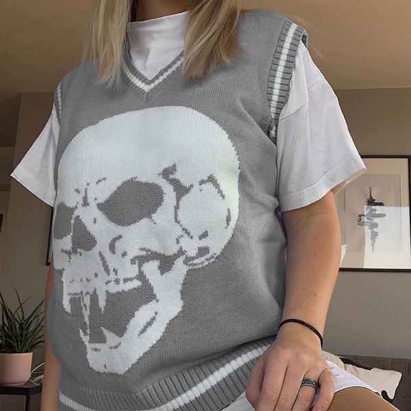 new casual sleeveless sweater chic loose knitwear waistcoat women skull print v neck knitted vest harajuku streetwear 2021 w7xe, White;black
new casual sleeveless sweater chic loose knitwear waistcoat women skull print v neck knitted vest harajuku streetwear 2021 w7xe, White;black