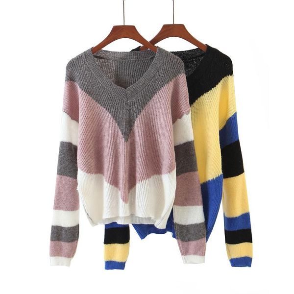 women's sweaters contrast stripes v neck casual women knitted sweater 2021 spring autumn long sleeve pullover ladies, White;black
women's sweaters contrast stripes v neck casual women knitted sweater 2021 spring autumn long sleeve pullover ladies, White;black