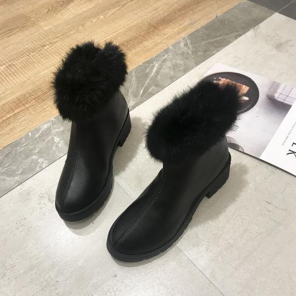 boots 2021 winter women's ankle square heel snow plush warm platform flock slip shoes woman, Black