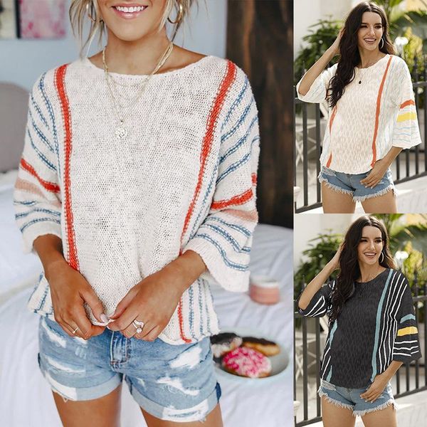 women's t-shirt 2021 summer products flare sleeve sweater fashion vertical stripes color-blocking knitwear, White
women's t-shirt 2021 summer products flare sleeve sweater fashion vertical stripes color-blocking knitwear, White