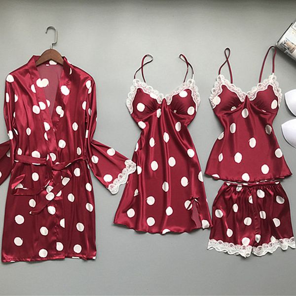 polka dot printed spring women lace trim satin 4/3/2/1 pcs sleepwear with chest pad pajama sets mujer, Black;red
polka dot printed spring women lace trim satin 4/3/2/1 pcs sleepwear with chest pad pajama sets mujer, Black;red