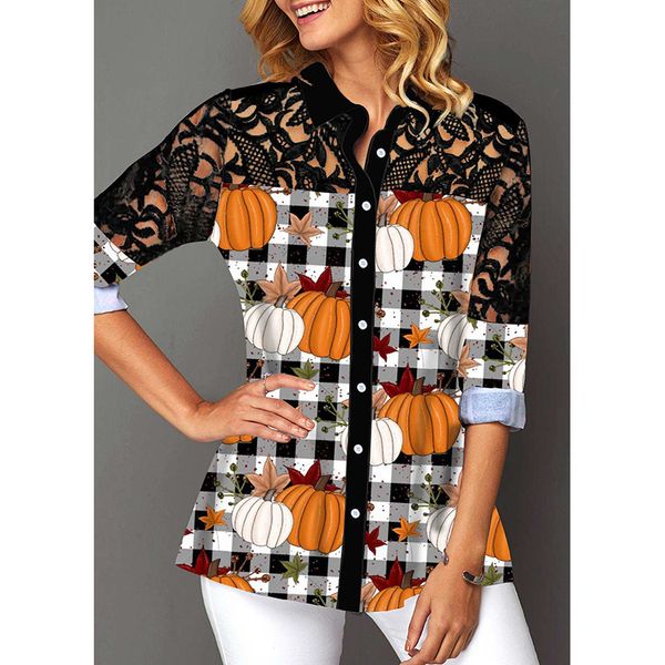 Pumpkin and plaid print buttoned lace stitching shirt lapel long sleeve women, White
Pumpkin and plaid print buttoned lace stitching shirt lapel long sleeve women, White