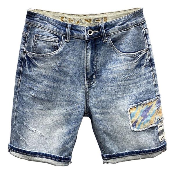 men's jeans summer patchwork denim shorts casual loose patch design ripped knee length breeches, Blue 
men's jeans summer patchwork denim shorts casual loose patch design ripped knee length breeches, Blue