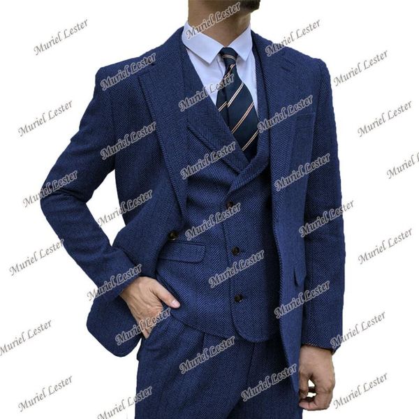 men's suits & blazers winter navy tweed wool herringbone smoking business formal men for wedding 3 pieces set jacket&vest&pants tuxedos, White;black
