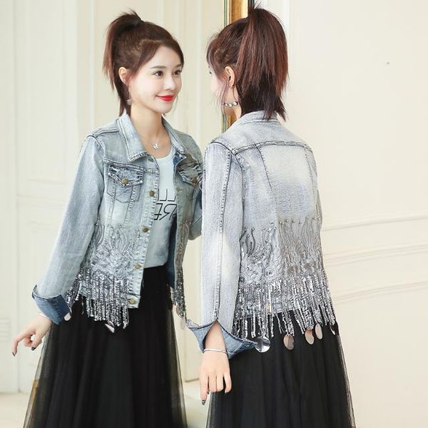 women's jackets 2021 spring korean version heavy industry tassel sequin slim stretch long sleeve jeans jacket short fashion, Black;brown
women's jackets 2021 spring korean version heavy industry tassel sequin slim stretch long sleeve jeans jacket short fashion, Black;brown