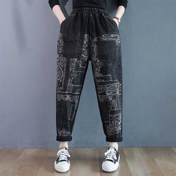 autumn winter arts style women elastic waist loose vintage print jeans double pocket cotton denim harem pants big size m673 210608, Blue
autumn winter arts style women elastic waist loose vintage print jeans double pocket cotton denim harem pants big size m673 210608, Blue