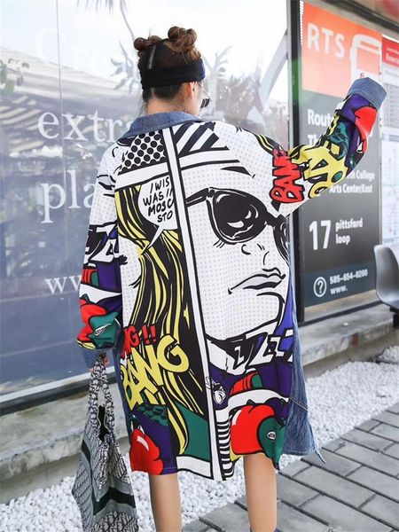 women's trench coats autumn personality graffiti stitching denim long sleeve cardigan jacket windbreaker women, Tan;black
women's trench coats autumn personality graffiti stitching denim long sleeve cardigan jacket windbreaker women, Tan;black