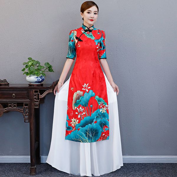 vietnam style elegant lady lotus leaf print oriental half sleeve cheongsam chinese mandarin collar aodai qipao dress, Red 
vietnam style elegant lady lotus leaf print oriental half sleeve cheongsam chinese mandarin collar aodai qipao dress, Red