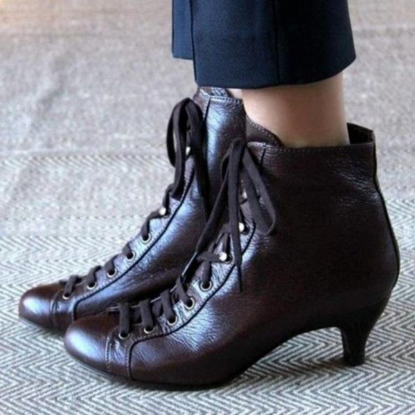 boots women ladies low kitten heel ankle victorian retro lace up pu leather shoes, Black 
boots women ladies low kitten heel ankle victorian retro lace up pu leather shoes, Black