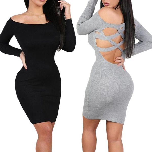 casual dresses off shoulder mini dress back hollow out bodycon women long sleeve slim elastic party vestidos, Black;gray
casual dresses off shoulder mini dress back hollow out bodycon women long sleeve slim elastic party vestidos, Black;gray