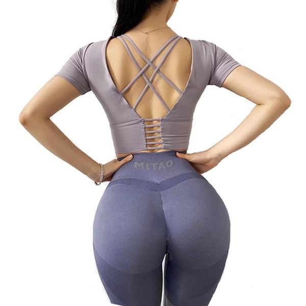 yoga outfits back cross tight sport gym shirts women short sleeve workout fitness crop with chest pad running clothing, White;red
yoga outfits back cross tight sport gym shirts women short sleeve workout fitness crop with chest pad running clothing, White;red