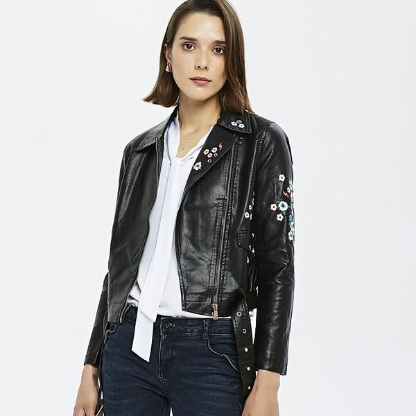 women's leather & faux 2021 jacket women pu biker short small embroidered coat with belt, Black
women's leather & faux 2021 jacket women pu biker short small embroidered coat with belt, Black
